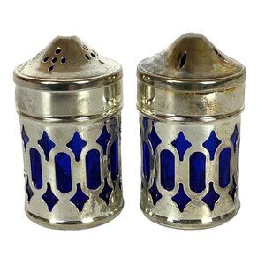 Filigree Silver Plate and Cobalt Blue Glass Individual Salt Pepper Shakers